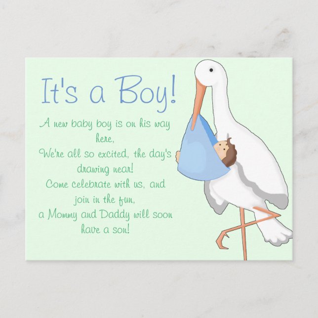 "Little Stork" It's a Boy! Announcement Postcard (Front)