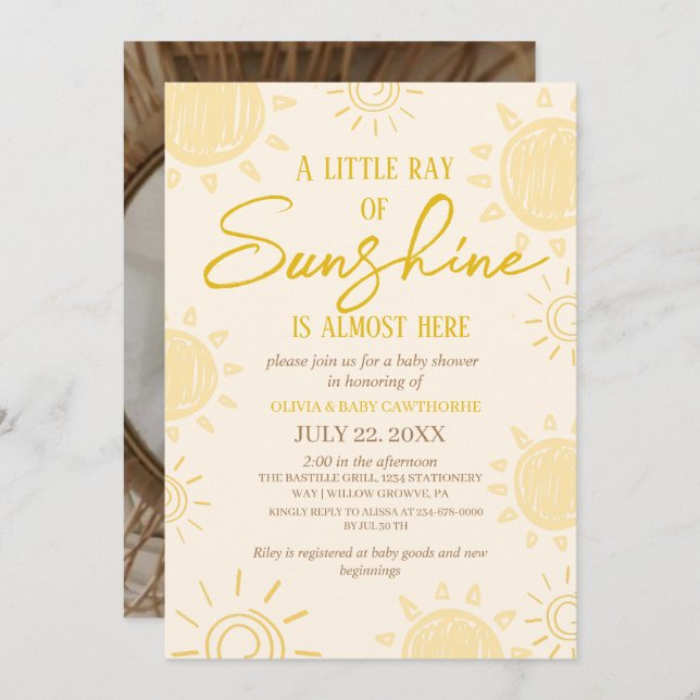 Little Sun Hand Written photo Baby Shower  Invitation (Front/Back)