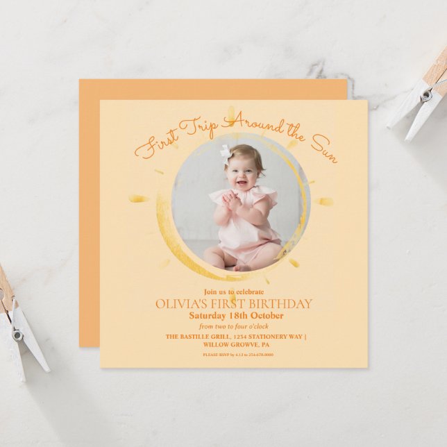 Little Sun Photo Kids Birthday Orange Invitation (Front/Back In Situ)