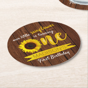 Little Sunflower 1st Birthday Party Round Paper Coaster