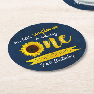 Little Sunflower 1st Birthday Party Round Paper Coaster