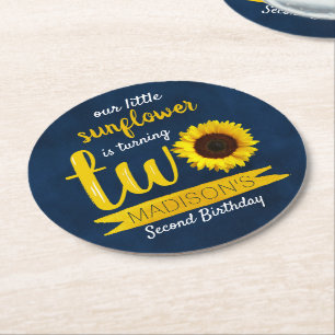 Little Sunflower 2nd Birthday Party Round Paper Coaster