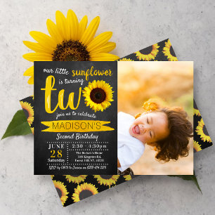 Little Sunflower Chalkboard 2nd Birthday Photo Invitation