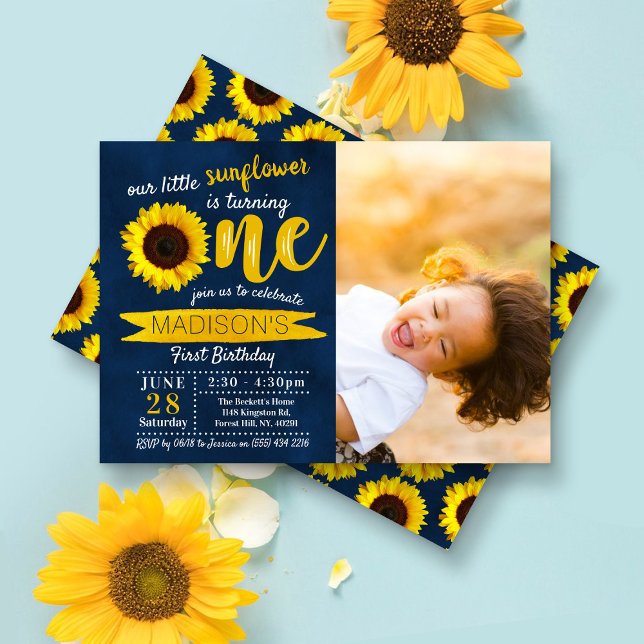 Little Sunflower Navy Blue 1st Birthday Photo Invitation (Creator Uploaded)