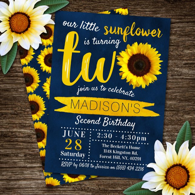 Little Sunflower Navy Blue 2nd Birthday Invitation (Creator Uploaded)