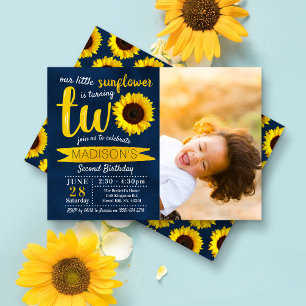 Little Sunflower Navy Blue 2nd Birthday Photo Invitation