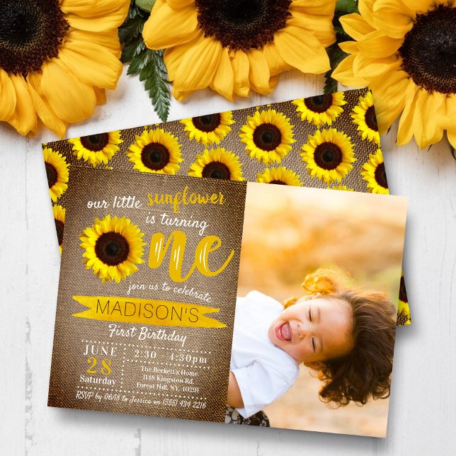 Little Sunflower Rustic Burlap 1st Birthday Photo Invitation (Creator Uploaded)