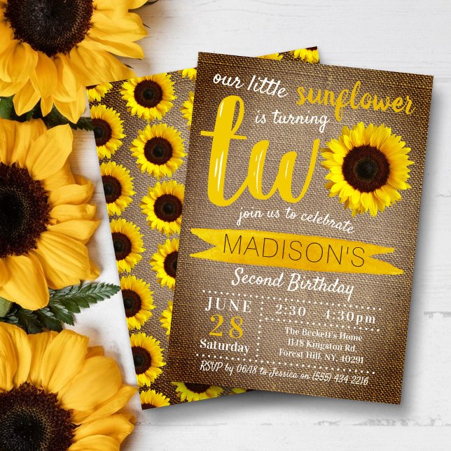 Little Sunflower Rustic Burlap 2nd Birthday Invitation (Creator Uploaded)