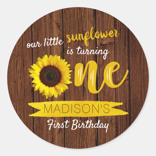 Little Sunflower Rustic Wood 1st Birthday Classic Round Sticker (Front)