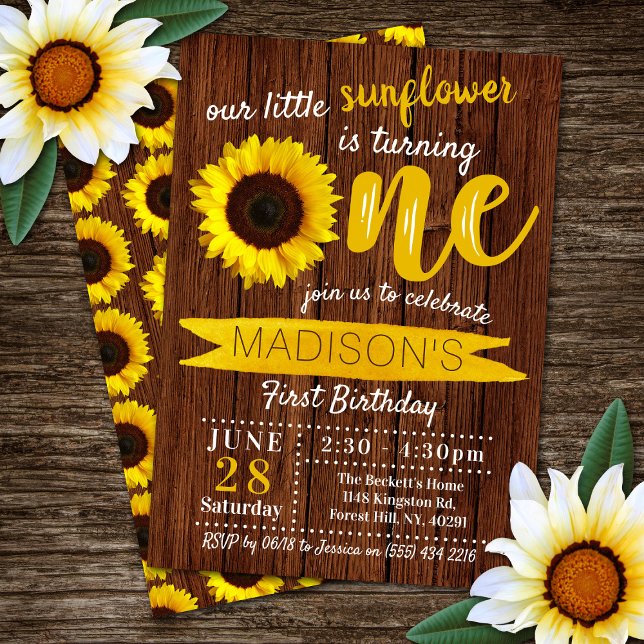 Little Sunflower Rustic Wood 1st Birthday Invitation (Creator Uploaded)
