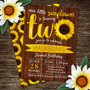 Little Sunflower Rustic Wood 2nd Birthday Invitation