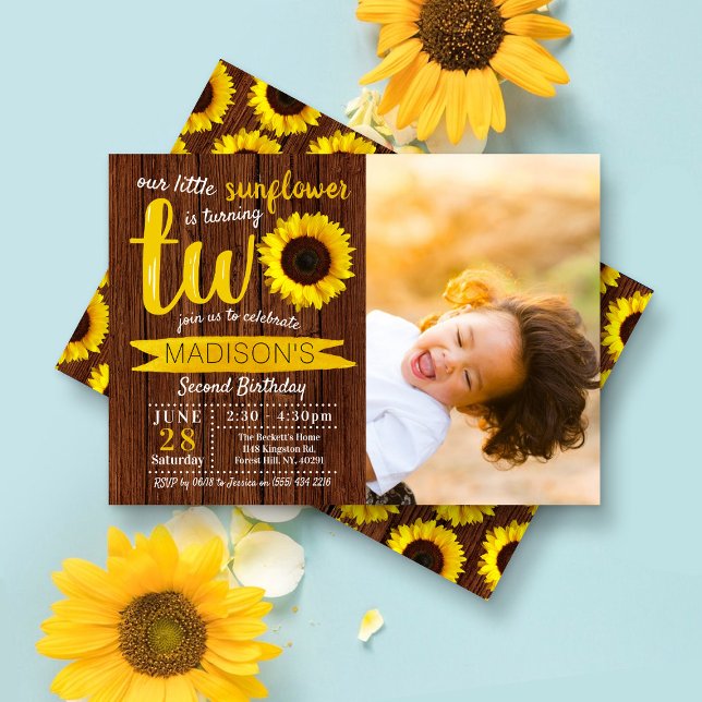 Little Sunflower Rustic Wood 2nd Birthday Photo Invitation (Creator Uploaded)