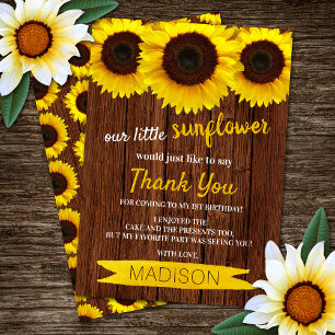Little Sunflower Rustic Wood Birthday Thank You Card