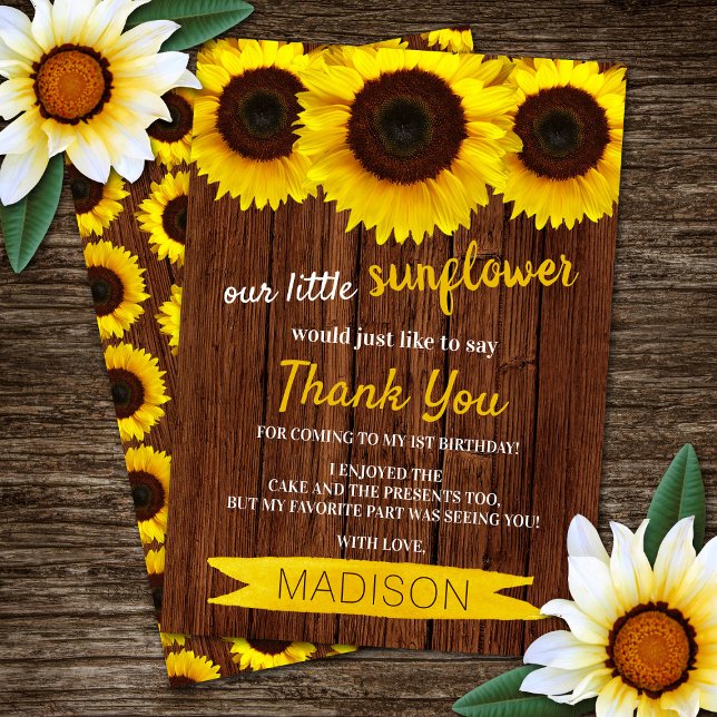 Little Sunflower Rustic Wood Birthday Thank You Card (Creator Uploaded)