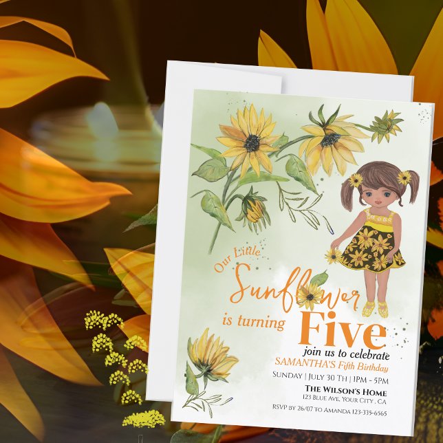 Little Sunflower Watercolor Fifth Girl Birthday Invitation (Little Sunflower Watercolor Fifth Girl Birthday Invitation)