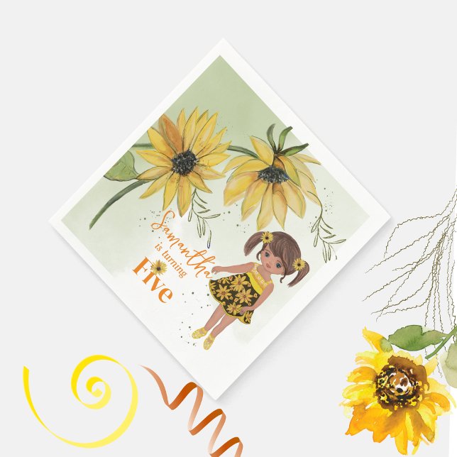 Little Sunflower Watercolor Fifth Girl Birthday Napkin (Little Sunflower Watercolor Fifth Girl Birthday Napkins)