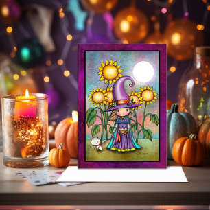 Little Sunflower Witch Cute Halloween Art Card