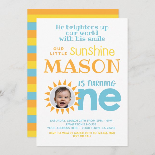 Little Sunshine 1st Birthday with Photo Invitation (Front/Back)