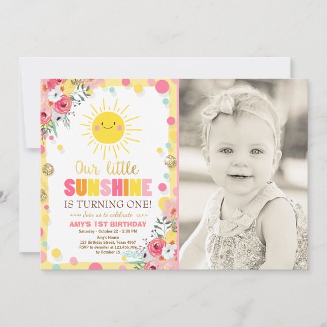 Little sunshine Birthday invitation Pink Floral (Front)