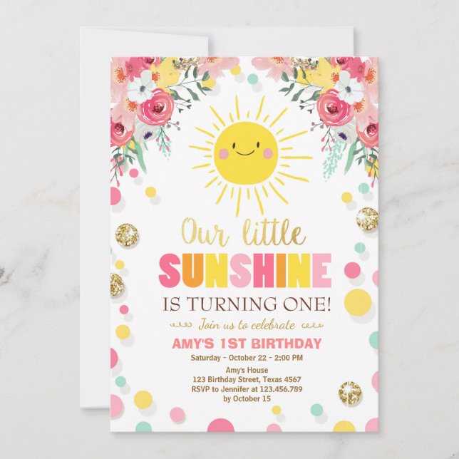 Little sunshine Birthday invitation Pink Floral (Front)