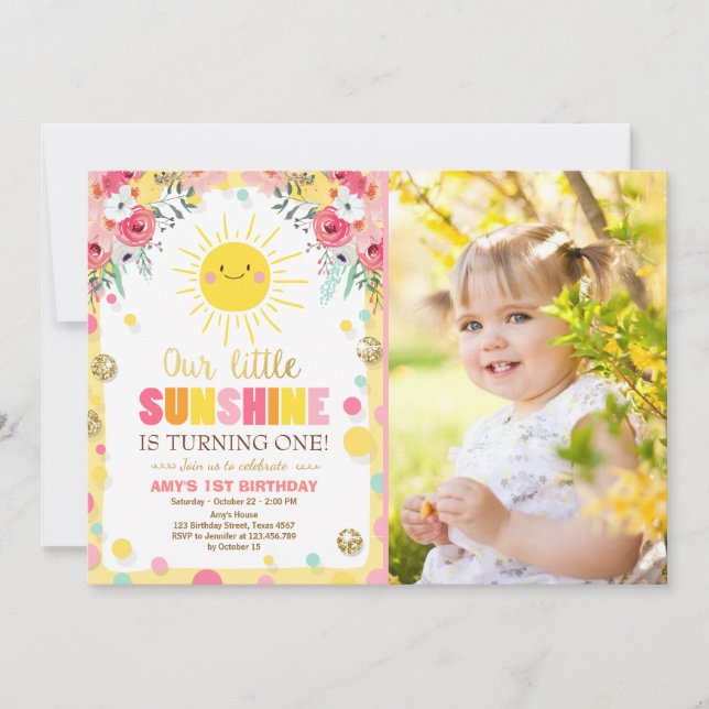 Little sunshine Birthday invitation Pink Floral (Front)