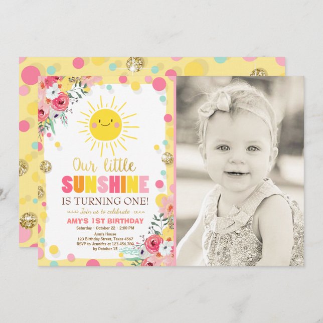 Little sunshine Birthday invitation Pink Floral (Front/Back)
