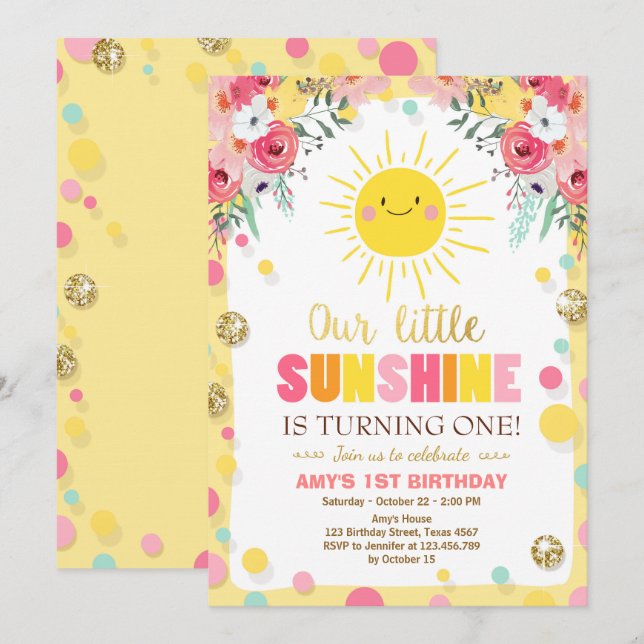 Little sunshine Birthday invitation Pink Floral (Front/Back)