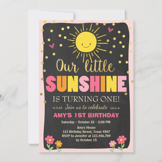 Little sunshine Birthday invitation Pink Gold Girl (Front)