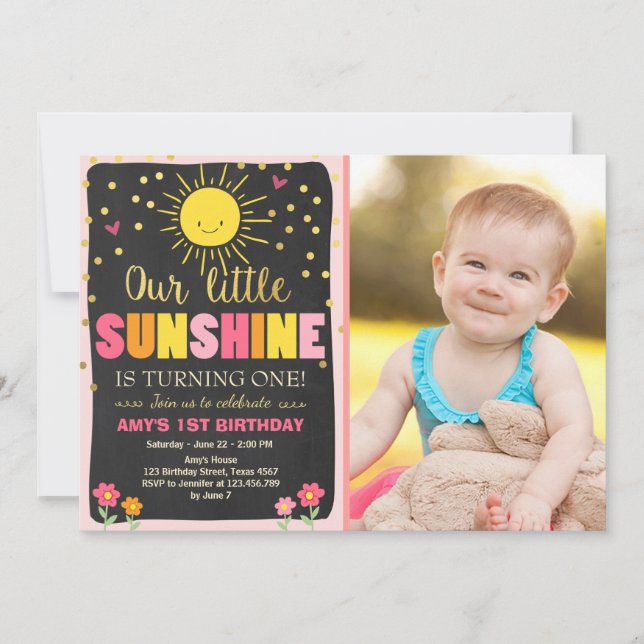 Little sunshine Birthday invitation Pink Gold Girl (Front)