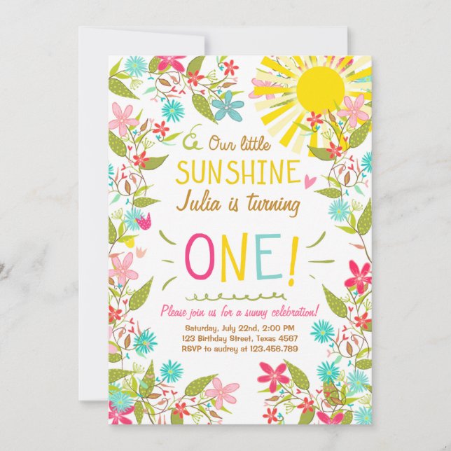 Little Sunshine Birthday Party Invitation Floral (Front)