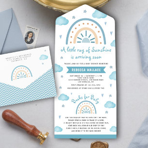 Little Sunshine Blue Boho Rainbow Baby Shower All In One Invitation