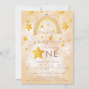 Little Sunshine Boho Rainbow Gold Star Birthday Invitation