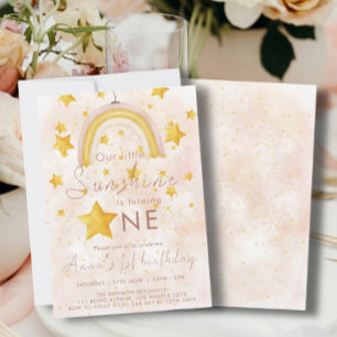 Little Sunshine Boho Rainbow Gold Star Birthday Invitation