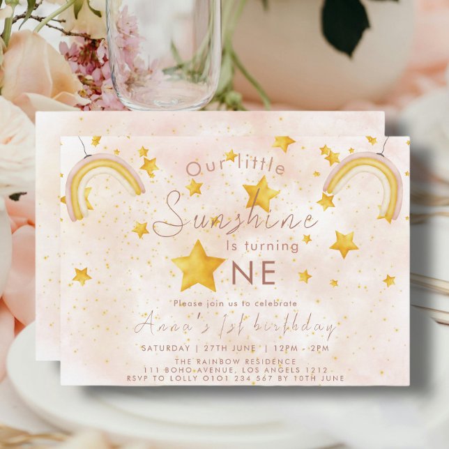 Little Sunshine Boho Rainbow Gold Star Birthday Invitation (Creator Uploaded)