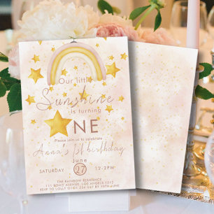 Little Sunshine Boho Rainbow Gold Star Birthday Invitation