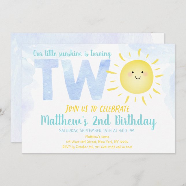 Little Sunshine Boy Second Birthday Invitation (Front/Back)
