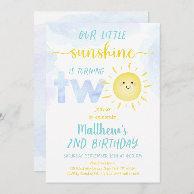 Little Sunshine Boy Second Birthday Invitation (Front/Back)