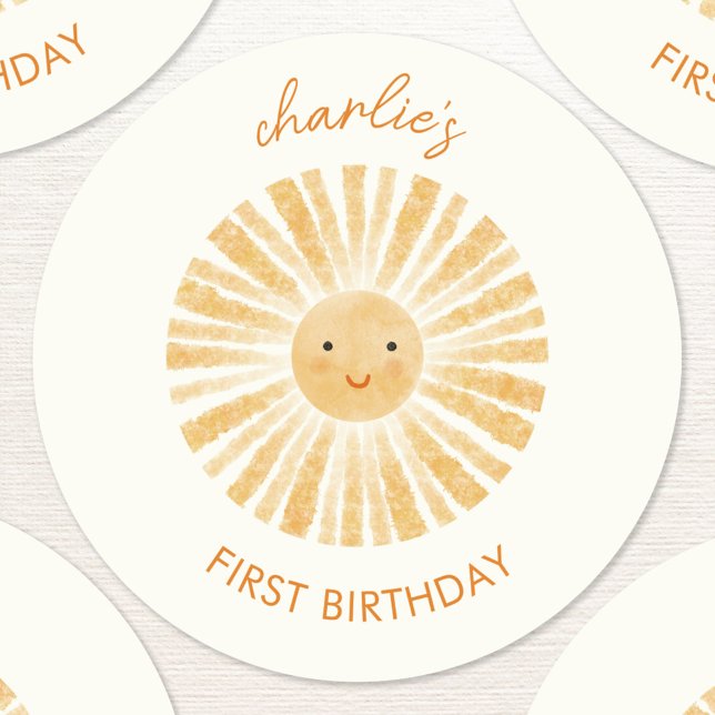 Little Sunshine First Birthday Personalised Classic Round Sticker (Personalized custom name first birthday watercolor sunshine sticker)