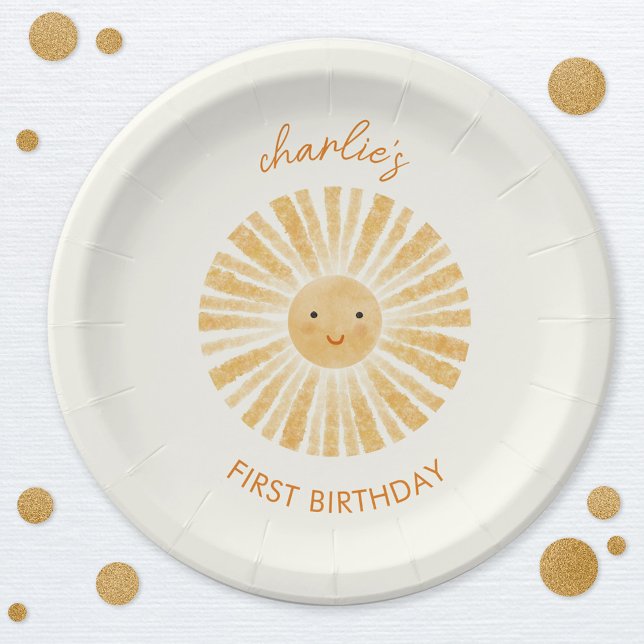 Little Sunshine First Birthday Personalised Paper Plate (Little Sunshine happy watercolor personalized name first birthday party paper plates)