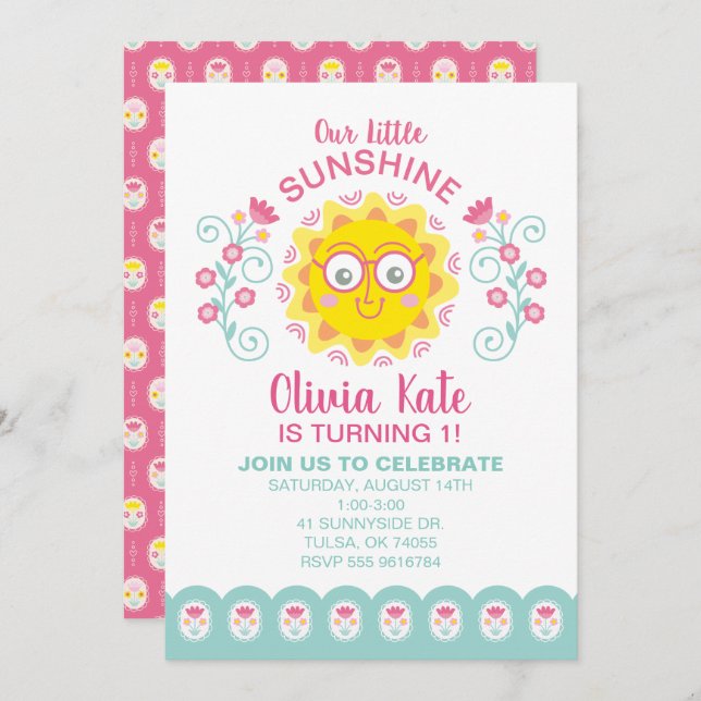 Little Sunshine Girl 1st Birthday Invitation (Front/Back)