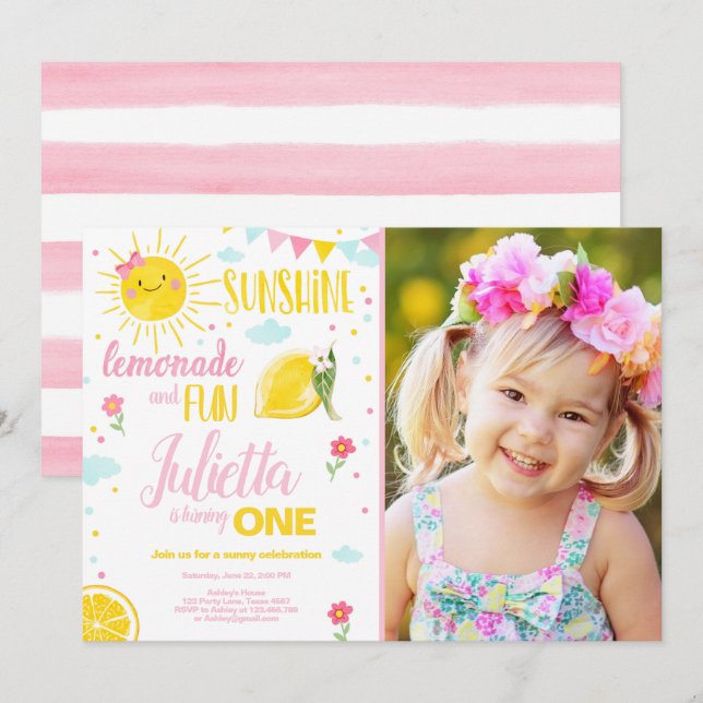 Little Sunshine Lemonade Pink Girl Lemon Birthday Invitation (Front/Back)
