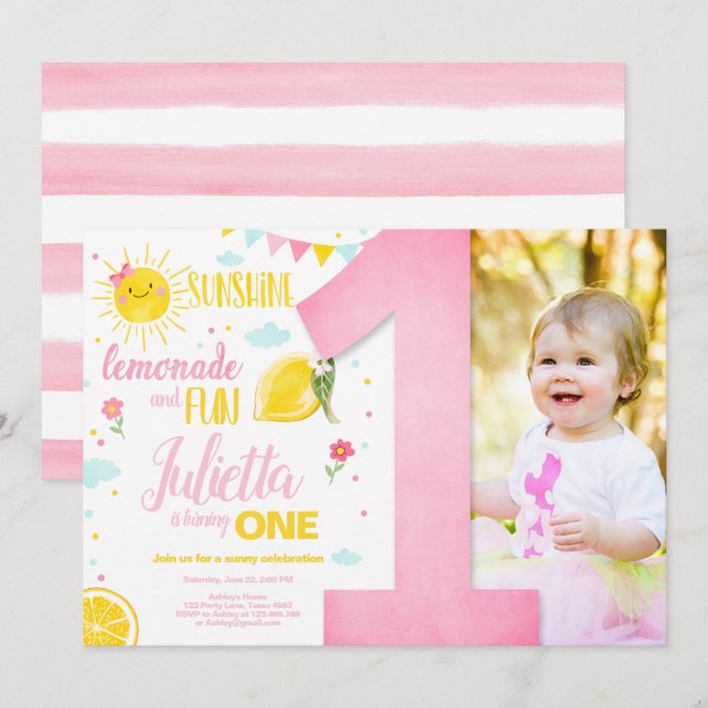 Little Sunshine Lemonade Pink Girl Lemon Birthday Invitation (Front/Back)