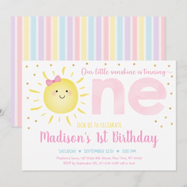 Little Sunshine Pastel Pink Gold First Birthday Invitation (Front/Back)