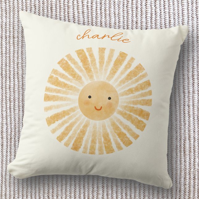 Little Sunshine Personalised Cushion (Happy little watercolor sunshine personalized custom name throw pillow, ideal for nursery decor)