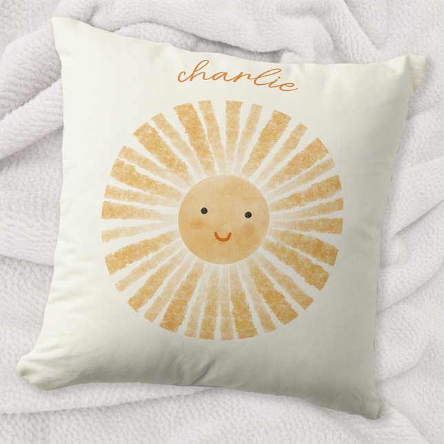 Little Sunshine Personalised Cushion (Happy little watercolor sunshine personalized custom name throw pillow, ideal for nursery decor)