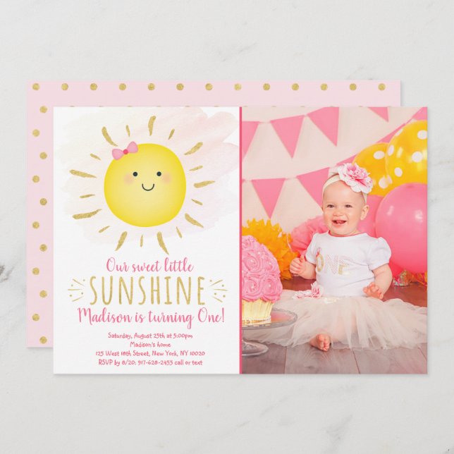Little Sunshine Pink & Gold Birthday Invitation (Front/Back)