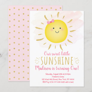 Little Sunshine Pink & Gold Birthday Invitation