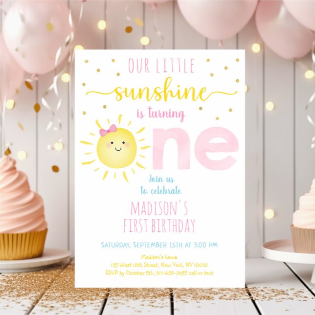 Little Sunshine Pink Gold First Birthday Invitation (Creator Uploaded)