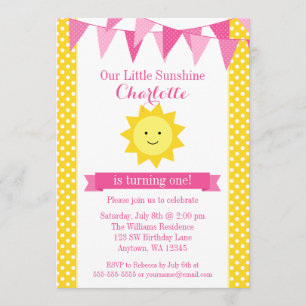 Little Sunshine Pink Yellow Bunting Birthday Invitation