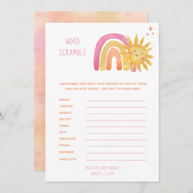 Little Sunshine |Rainbow Baby Shower Word Scramble Invitation (Front/Back)